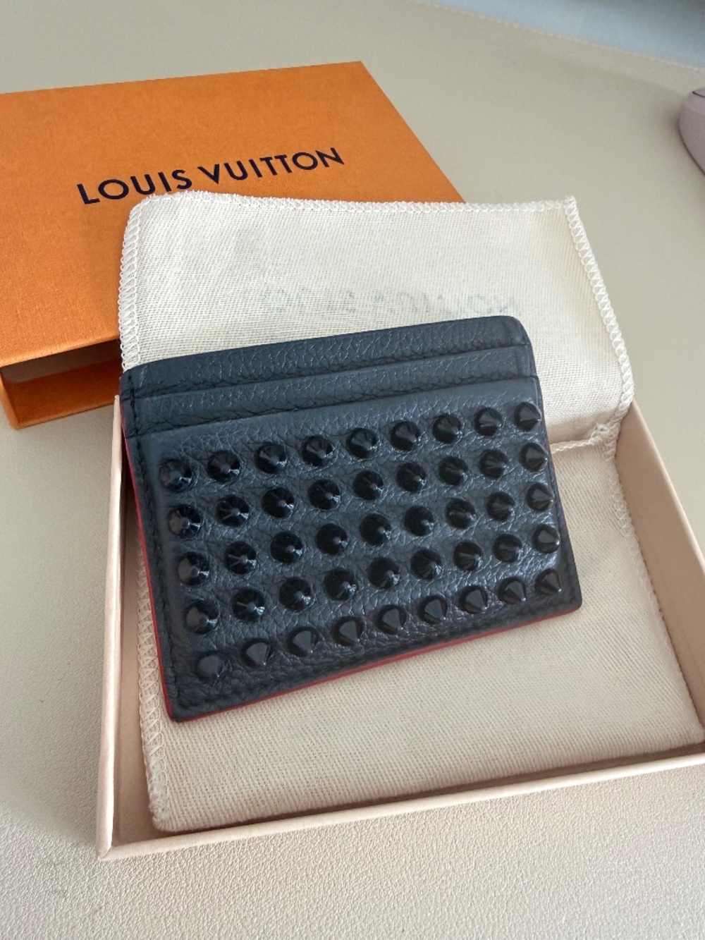 Christian Louboutin Black Studded Card Holder Wallet w/ Box & Dust Bag